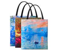 SuyuanArt 3 Pack Aesthetic Vintage Claude Monet Tote, Canvas Shoulder & Reusable Shopping Bags for Women