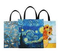 SuyuanArt 3 Pack Van Gogh Tote Bags Set - Premium Canvas Reusable Foldable Shopping Bags with Starry Night & Sunflowers Art, Aesthetic Cute Grocery Beach Travel Shoulder Bags for Women