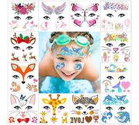 SuyuanArt Animal Face Tattoos for Kids - Birthday Party Favor for Girls Boys, 12 Pack Unicorn Mermaid Rabbit Fox Giraffe Dolphin and More Assorted Designs, Children Temporary Face Paint