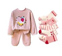 SUYUKU Girls Fleece Pyjama Set Super Soft Loungewear for Kids Winter Warm Toddler Sleepwear for Girls Nightwear Comfortable Sweatshirt Tops Bottom Pants for 1-10 Years with Free Cute 5 pairs of socks