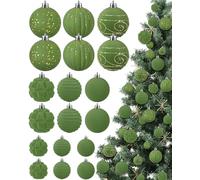Suzile 18 Pcs Velvet Moss Green Christmas Tree Ornaments - Luxurious Elegant Flocked Christmas Balls - Hanging Ornaments for Xmas Tree Wreath Garland Holiday Decoration