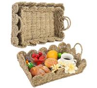 Suzile 2 Pcs Wicker Scalloped Basket Serving Tray, Rectangle Rattan Serving Trays with Handles Woven Seagrass Tray Coffee Table Decoration for Home Kitchen, 11 x 7 x 3.93'', 12.5 x 8.66 x 5.51''