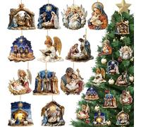 Suzile 36 Pcs Nativity Scene Wooden Ornaments Religion Christmas Tree Ornaments Nativity of Jesus Decorations for Christmas Tree Xmas Christian Hanging Wood Cutouts for The Birth of Jesus Party Decor