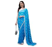 Suzu Women's Polka Dot Embroidered Georgette Saree with Unstitched Blouse with Pearl White Gota Work Embroidery, Blue, One Size