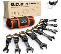 SUZUME Stubby Flex Head Ratcheting Wrench Set 8PCS Metric (8-17mm) | 180° Flexible Head CR-V 90-tooth 10K Gear Cycles with Pouch for Mechanic DIYer Narrow Spaces Auto Motorcycle Bicycle Repair