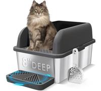 Suzzipaws 8" Deep Stainless Steel Litter Box with Lid Extra Large Cat Litter Box for Big Cats XL Metal Litter Pan Tray with High Wall Sides Enclosure, Non-Sticky, Anti-Leakage (Charcoal Gray)