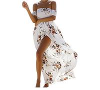 SVALIY Women Floral Off The Shoulder Split Chiffon Maxi Beach Dresses Wedding Party - white - Small