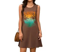 Svanco Summer Beach Dresses for Women, Tropical Print Casual Sleeveless Sundress with Round Neck, Hawaiian Beachwear for Coverup Brown