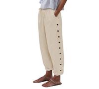 Svanco Women's Khaki Cotton/Polyester Striped Loose Fit High-Waisted Straight Trousers with Elasticated Waist and Adjustable Drawstring - S