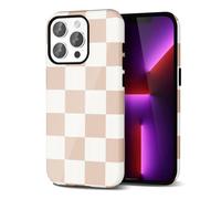 Svanove Checkered Phone Case for iPhone 13 Pro Case Plaid Lattice, Girly Cute Case for Women, Aesthetic Checker Print Design, Slim Thin Hard Shell Plastic Glossy Cover, Tan Brown White