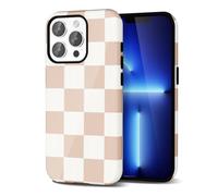 Svanove Checkered Phone Case for iPhone 13 Pro Max Case Plaid Lattice, Girly Cute Case for Women, Aesthetic Checker Print Design, Slim Thin Hard Shell Plastic Cover, Tan Brown White