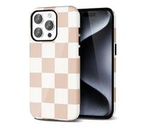 Svanove Checkered Phone Case for iPhone 15 Pro Case Plaid Lattice, Girly Cute Case for Women, Aesthetic Checker Print Design, Slim Thin Hard Shell Plastic Glossy Cover, Tan Brown White