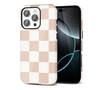 Svanove Checkered Phone Case for iPhone 16 Pro Case Plaid Lattice, Girly Cute Case for Women, Aesthetic Checker Print Design, Slim Thin Hard Shell Plastic Glossy Cover, Tan Brown White