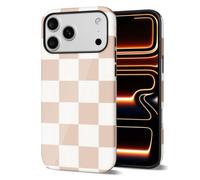 Svanove Checkered Phone Case for iPhone 17 Pro Case Plaid Lattice, Girly Cute Case for Women, Aesthetic Checker Print Design, Slim Thin Hard Shell Plastic Glossy Cover, Tan Brown White