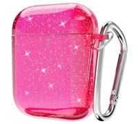 Svanove for Airpods Case Clear Glitter, Sparkly Bling Cute Airpods 1st 2nd Generation Case with Keychain, Hard Shell Girly Y2k Aesthetic Airpods Cover Accessories for Women Girl, Neon Hot Pink