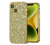 Svanove for iPhone 14 Case Glitter Diamond, Luxury Sparkle Bling Shiny Crystal Rhinestone Edge with Camera Protection, Thin Slim Aesthetic Cute Hard Plastic Phone Case for Women, Gold