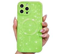 Svanove Glitter Case for iPhone 12 Pro Max Phone Case Magnetic Compatible with Magsafe, Sparkle Bling Shiny Cute Girly Design, Aesthetic Slim Soft TPU Mag Cover for Women Girl, Neon Green