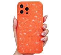 Svanove Glitter Case for iPhone 14 Pro Phone Case Magnetic Compatible with Magsafe, Sparkle Bling Shiny Cute Girly Design, Aesthetic Slim Soft TPU Mag Cover for Women Girl, Neon Orange