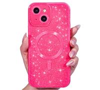 Svanove Glitter Case for iPhone 15 Phone Case Magnetic Compatible with Magsafe, Sparkle Bling Shiny Cute Girly Design, Aesthetic Slim Soft TPU Mag Cover for Women Girl, Neon Hot Pink