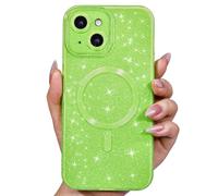 Svanove Glitter Case for iPhone 15 Plus Phone Case Magnetic Compatible with Magsafe, Sparkle Bling Shiny Cute Girly Design, Aesthetic Slim Soft TPU Mag Cover for Women Girl, Neon Green