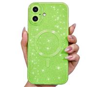 Svanove Glitter Case for iPhone 16 Phone Case Magnetic Compatible with Magsafe, Sparkle Bling Shiny Cute Girly Design, Aesthetic Slim Soft TPU Mag Cover for Women Girl, Neon Green