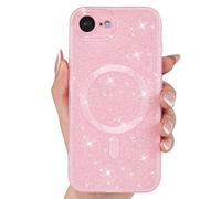 Svanove Glitter Case for iPhone 16e Phone Case Magnetic Compatible with Magsafe, Sparkly Bling Shiny Sparkle Girly Cute Cases for Women, Bright Silicone Rubber Gel Hard Mag Safe Cover, Light Pink