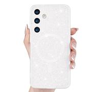 Svanove Glitter Case for Samsung Galaxy S24 Plus S25 Plus Phone Case Magnetic Compatible with Magsafe, Sparkly Bling Sparkle Girly Cute Cases for Women Girl, Bright Silicone Mag Safe Cover, White