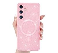 Svanove Glitter Case for Samsung Galaxy S24 S25 Phone Case Magnetic Compatible with Magsafe, Sparkly Bling Sparkle Girly Cute Cases for Women, Bright Silicone Rubber Gel Mag Safe Cover, Light Pink