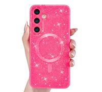 Svanove Glitter Case for Samsung Galaxy S24 S25 Phone Case Magnetic Compatible with Magsafe, Sparkly Bling Sparkle Girly Cute Cases for Women, Bright Silicone Rubber Gel Mag Safe Cover, Neon Hot Pink