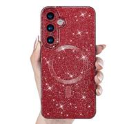 Svanove Glitter Case for Samsung Galaxy S24 S25 Phone Case Magnetic Compatible with Magsafe, Sparkly Bling Sparkle Girly Cute Cases for Women Girl, Bright Silicone Rubber Gel Mag Safe Cover, Red Wine