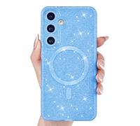 Svanove Glitter Case for Samsung Galaxy S24 S25 Phone Case Magnetic Compatible with Magsafe, Sparkly Bling Sparkle Girly Cute Cases for Women, Bright Silicone Rubber Gel Mag Safe Cover, Light Blue