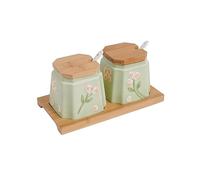 SvaTao Porcelain Condiment Jar Spice Container with Lids - Bamboo Cap Holder Spot, Ceramic Serving Spoon, Wooden Tray Best Pottery Cruet Pot for Your Home, Kitchen, Counter(5.2 OZ), Set of 2