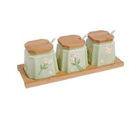 SvaTao Porcelain Condiment Jar Spice Container with Lids - Bamboo Cap Holder Spot, Ceramic Serving Spoon, Wooden Tray Best Pottery Cruet Pot for Your Home, Kitchen, Counter(5.2 OZ), Set of 3