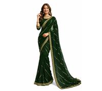 Svayi Women’s Georgette Floral design Golden Sequins Embroidery diagonal patterns Work Saree For Wedding Festive Party Style Sari with Blouse Piece (SR1252-DarkGreen)