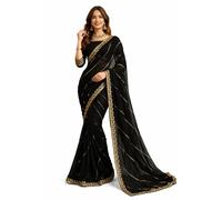 Svayi Women’s Georgette Floral design Golden Sequins Embroidery diagonal patterns Work Saree For Wedding Festive Party Style Sari with Blouse Piece (SR1252-Black)