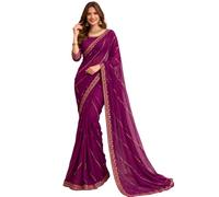 Svayi Women’s Georgette Floral design Golden Sequins Embroidery diagonal patterns Work Saree For Wedding Festive Party Style Sari with Blouse Piece (SR1252-Magenta)