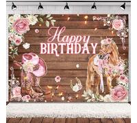 SVBright Cowgirl Birthday Backdrop for Women, Western Horse Barn Door,Pink Rose Flowers Farmhouse Rustic,Natural Wildflower Wood Boot Hat Decorations Photography Background Banner Photo Studio 7Wx5H