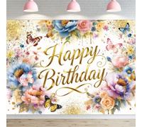 SVBright Floral Happy Birthday Backdrop 7Wx5H Girls Spring Butterfly Pink Flower Blossom Plant Pastel Lovely Princess Elegant Colorful Decorations Photography Background Banner Photo Booth Studio