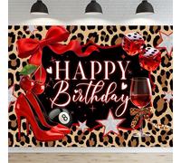 SVBright Leopard Print Happy Birthday Backdrop 7Wx5H Red Cherry Bows Neon Safari Cheetah Y2K Fashion Stars Heels Modern Women Girls Night Decorations Photography Background Banner Photo Booth Studio