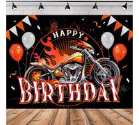 SVBright Motorcycle Happy Birthday Backdrop 8Wx6H Cool for Boys Kid Black Red Motocross Racing Modern Fire Dirt Bike Balloons Bday Decorations Photography Background Banner Photo Booth Studio