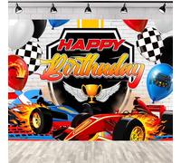 SVBright Racing Car Happy Birthday Backdrop 7Wx5H Boys Kids Black White Plaid Flag Red Blue Balloons Cool Speed Bday Cartoon Competition Decorations Photography Background Banner Photo Booth Studio