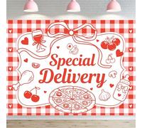 SVBright Special Delivery Baby Shower Backdrop 7Wx5H Red Bowknot Italian Pizza Slice Checkered Sweet Loving Heart Girls Coquette Boys Bow Decorations Photography Background Banner Photo Booth Studio