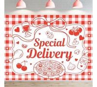 SVBright Special Delivery Backdrop 8Wx6H Bowknot Bow Italian Pizza Slice Baby Shower Red and White Checkered Sweet Loving Heart Girls Boys Decorations Photography Background Banner Photo Booth Studio