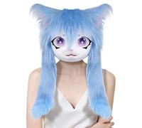 SVCEQZE Furry Head | Cat Animal Full Head with Big Eyes Long Hair,Realistic Plush Costume Accessory Headwear for Men Women, Anime Convention, Masquerade Theatre Performance Party Cosplay