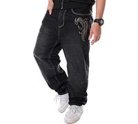 Sveizo Men's Vintage Hip Hop Wings Embroidery Baggy Loose Fit Jeans-38 Black