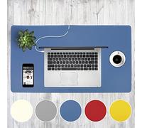 Svenki Leather Desk Mat Cable Organiser Premium Extended Mouse Mat for Home Office Accessories - Felt Vegan Large Leather Desk Pad Protector (Blue)
