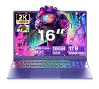 Svikou 16" Purple Laptop Computer - in tel N95 Processor, 1TB NVMe SSD 12GB LPDDR5 RAM, 2K FHD IPS Display, Color Backlit Keyboard, Fingerprint, Win 11 Pro, Lightweight for Study Work & Play