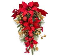 Svndlyn Christmas Swag Pre-Lit Artificial Christmas Teardrop with Red Poinsettia Flower Golden Pine Cones Berries and Ball Ornaments Holiday Winter Decorations for Door Wall Mantel