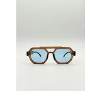 SVNX Angular Navigator style sunglasses in Brown with blue Lenses - One Size