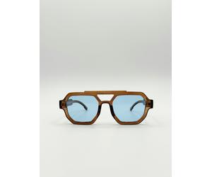 SVNX Angular Navigator style sunglasses in Brown with blue Lenses - One Size